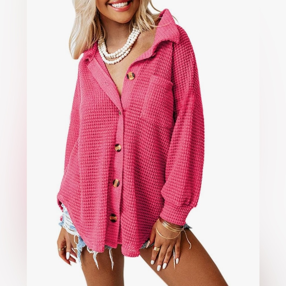 Pink Waffle Knit Button Up Top Textured Long Sleeve Oversized XL 🧺